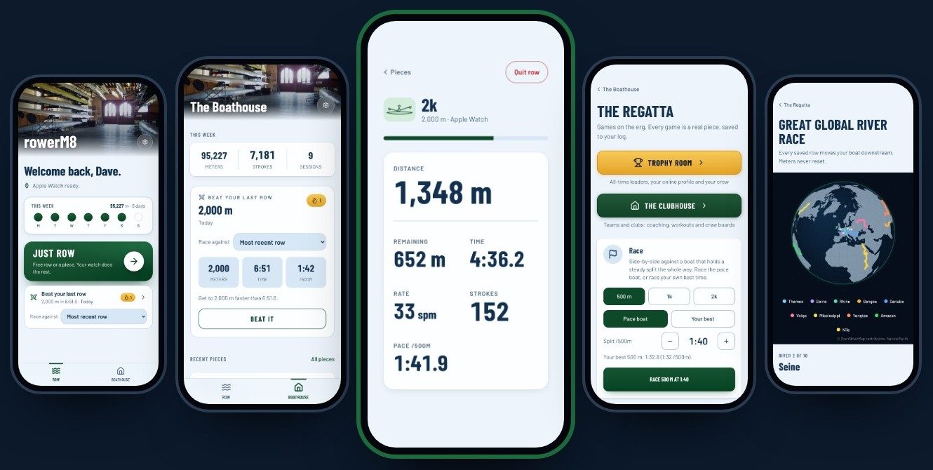 rowerM8 app screens: Row home, The Boathouse, a live 2k piece, The Regatta and the Great Global River Race